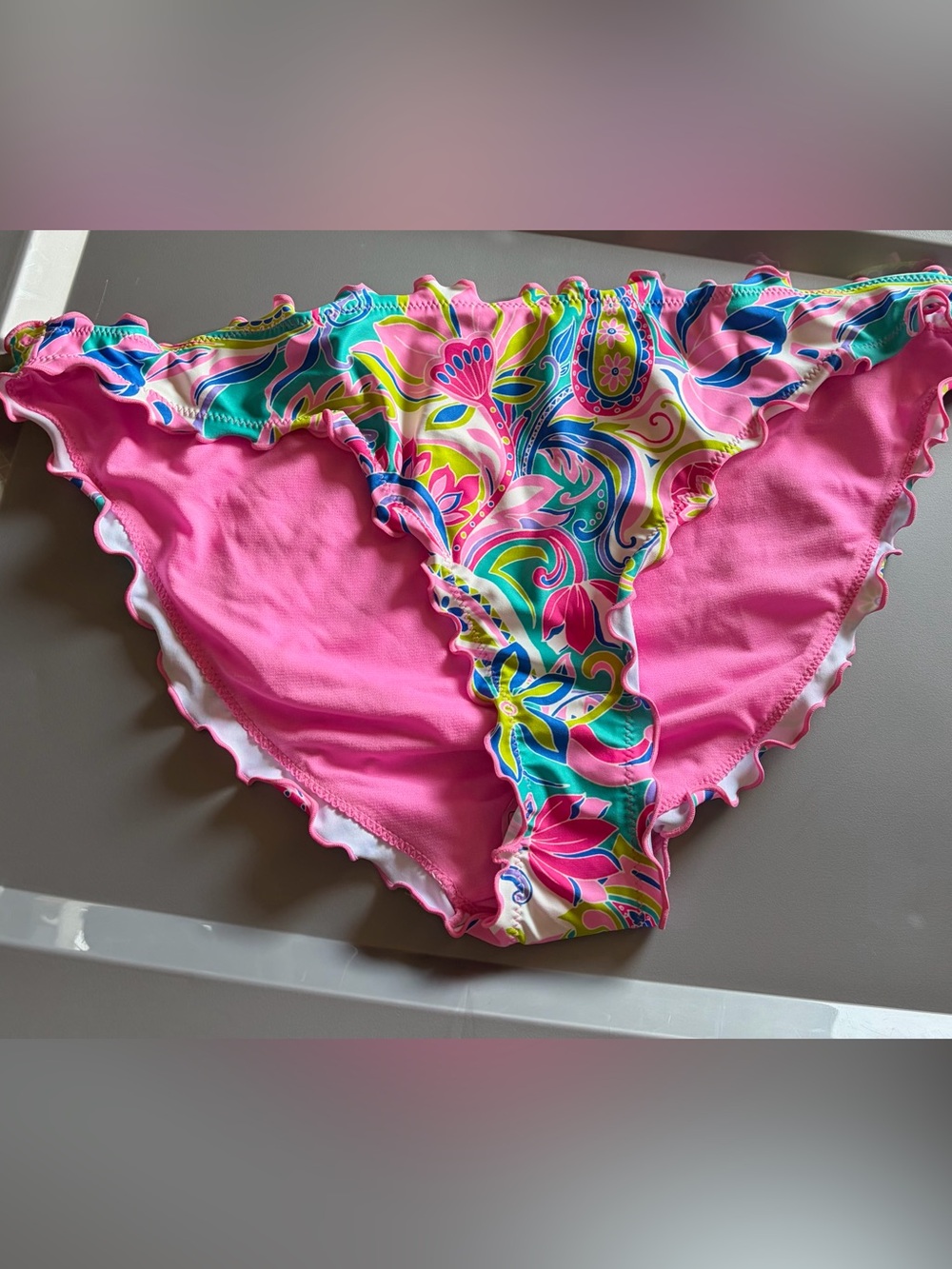 NEW Women’s XL 16-18 Pink Floral Paisley Ruffle Bikini Bottom Y2K Swim